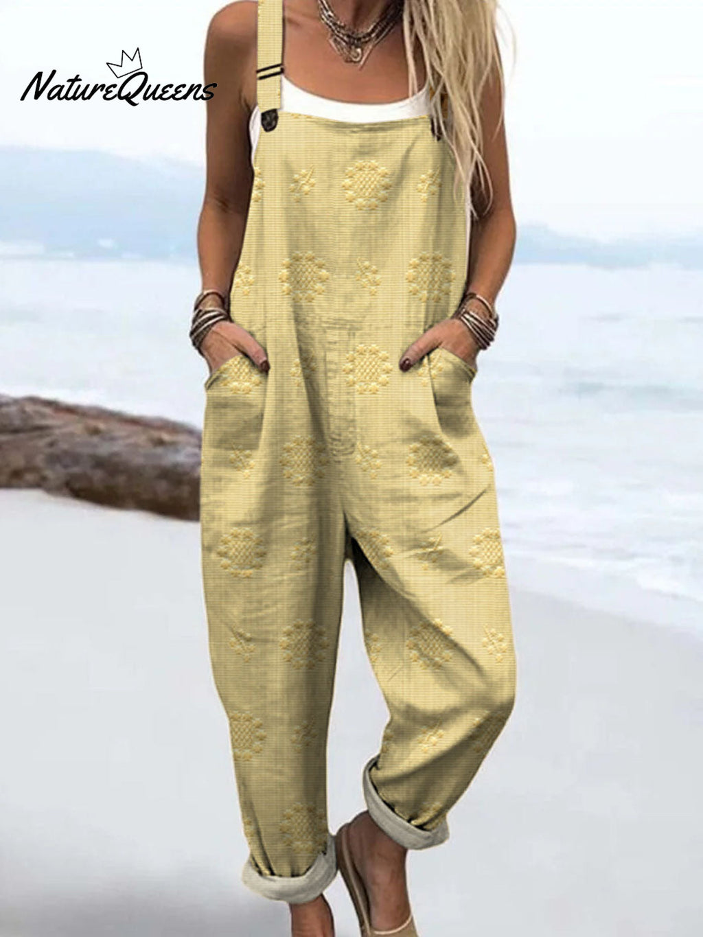 Women's Vintage Floral Pattern Art Print Casual 100% Cotton Wide Leg Jumpsuit