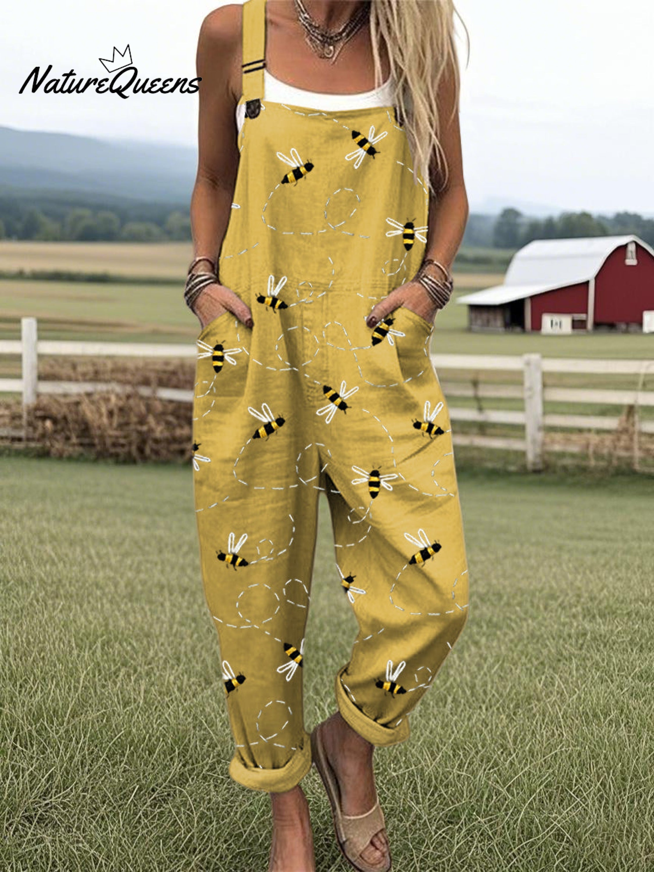 Women's Flying Bees Embroidery Pattern Casual Cotton Wide Leg Jumpsuit