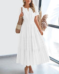 Women's Fashion V-neck Ruffled Puff Sleeve Layered Full Skirt Dress