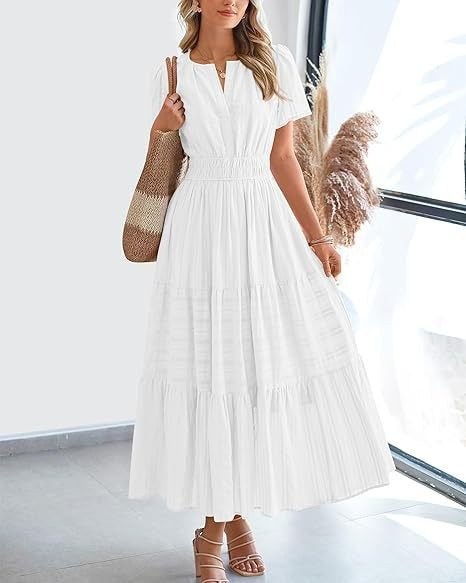 Women's Fashion V-neck Ruffled Puff Sleeve Layered Full Skirt Dress