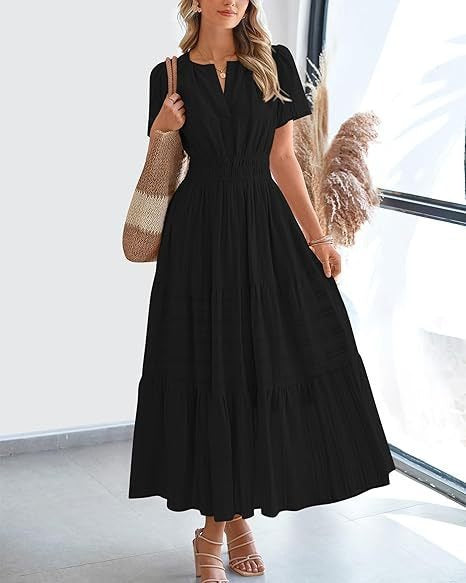 Women's Fashion V-neck Ruffled Puff Sleeve Layered Full Skirt Dress