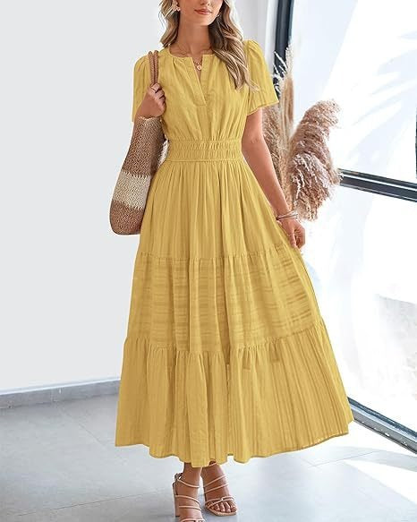 Women's Fashion V-neck Ruffled Puff Sleeve Layered Full Skirt Dress