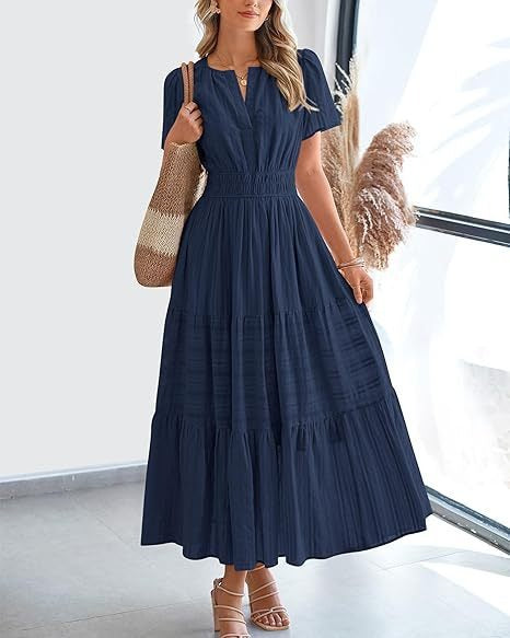 Women's Fashion V-neck Ruffled Puff Sleeve Layered Full Skirt Dress