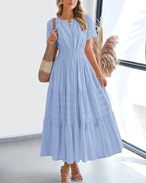 Women's Fashion V-neck Ruffled Puff Sleeve Layered Full Skirt Dress