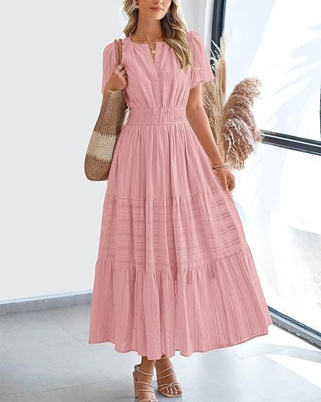 Women's Fashion V-neck Ruffled Puff Sleeve Layered Full Skirt Dress
