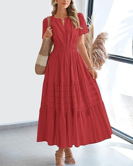 Women's Fashion V-neck Ruffled Puff Sleeve Layered Full Skirt Dress
