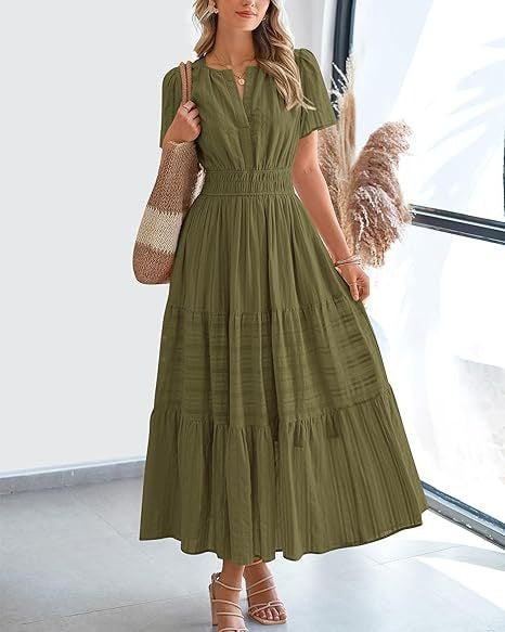 Women's Fashion V-neck Ruffled Puff Sleeve Layered Full Skirt Dress