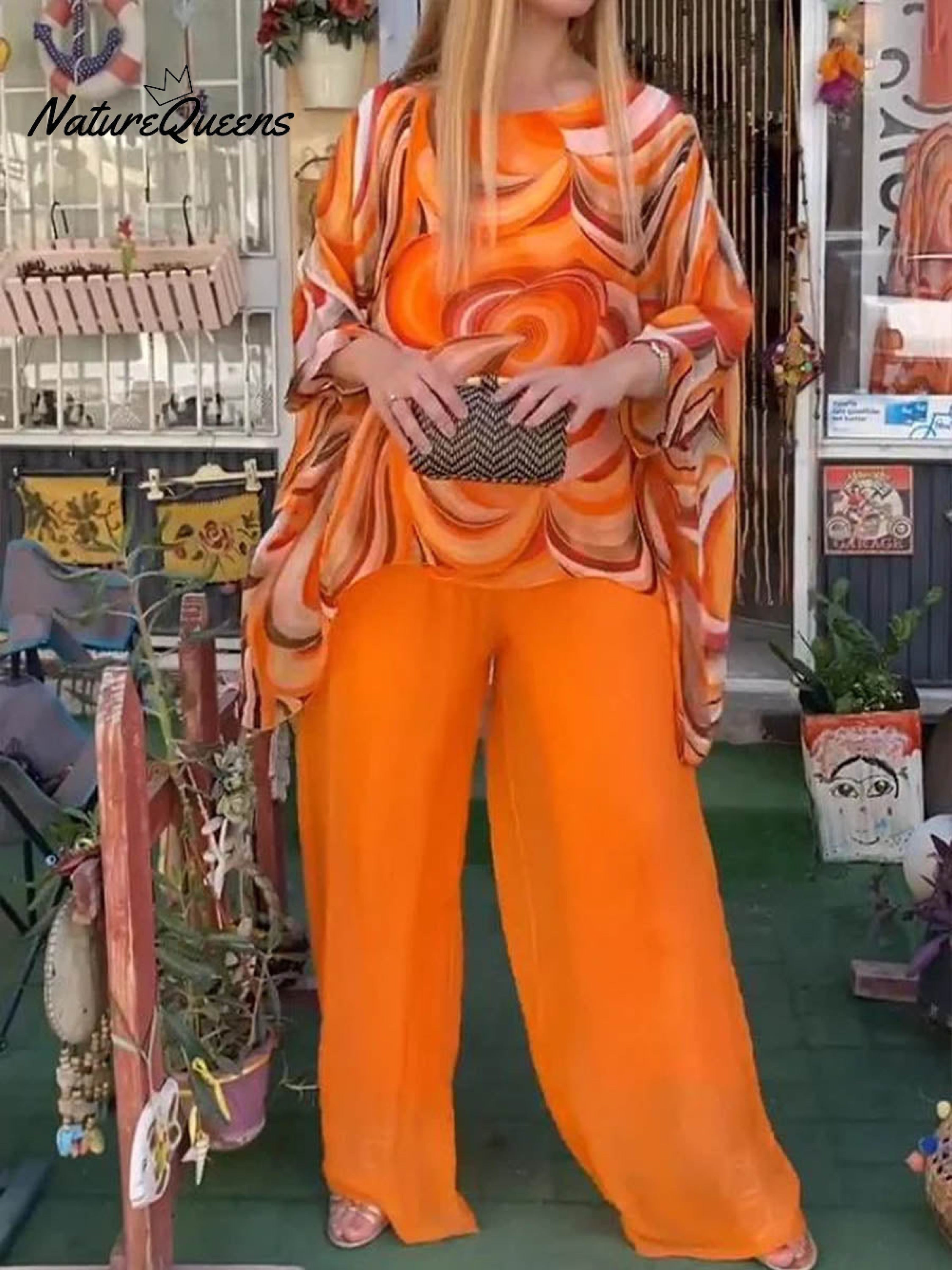 Women's Round Neck 3/4 Sleeves Abstract Geometric Pattern Print Loose and Comfortable Top High Waist Solid Color Wide Leg Pants Chiffon Casual Suit