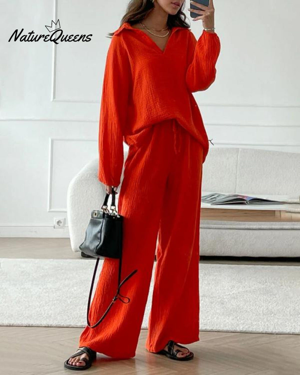 Casual Two-Pieces Outfits Solid Color Casual Top Loose Bootcut Trousers Pants Sets