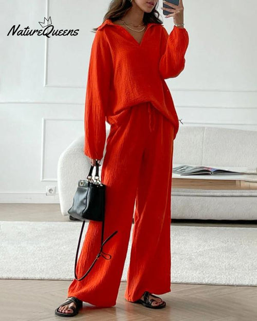 Casual Two-Pieces Outfits Solid Color Casual Top Loose Bootcut Trousers Pants Sets