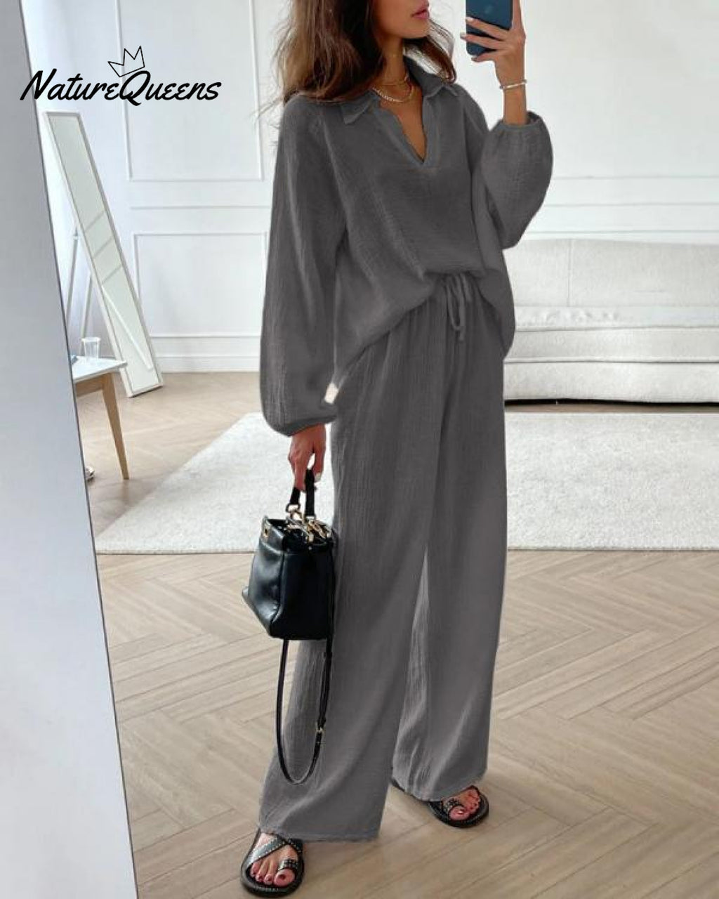 Casual Two-Pieces Outfits Solid Color Casual Top Loose Bootcut Trousers Pants Sets