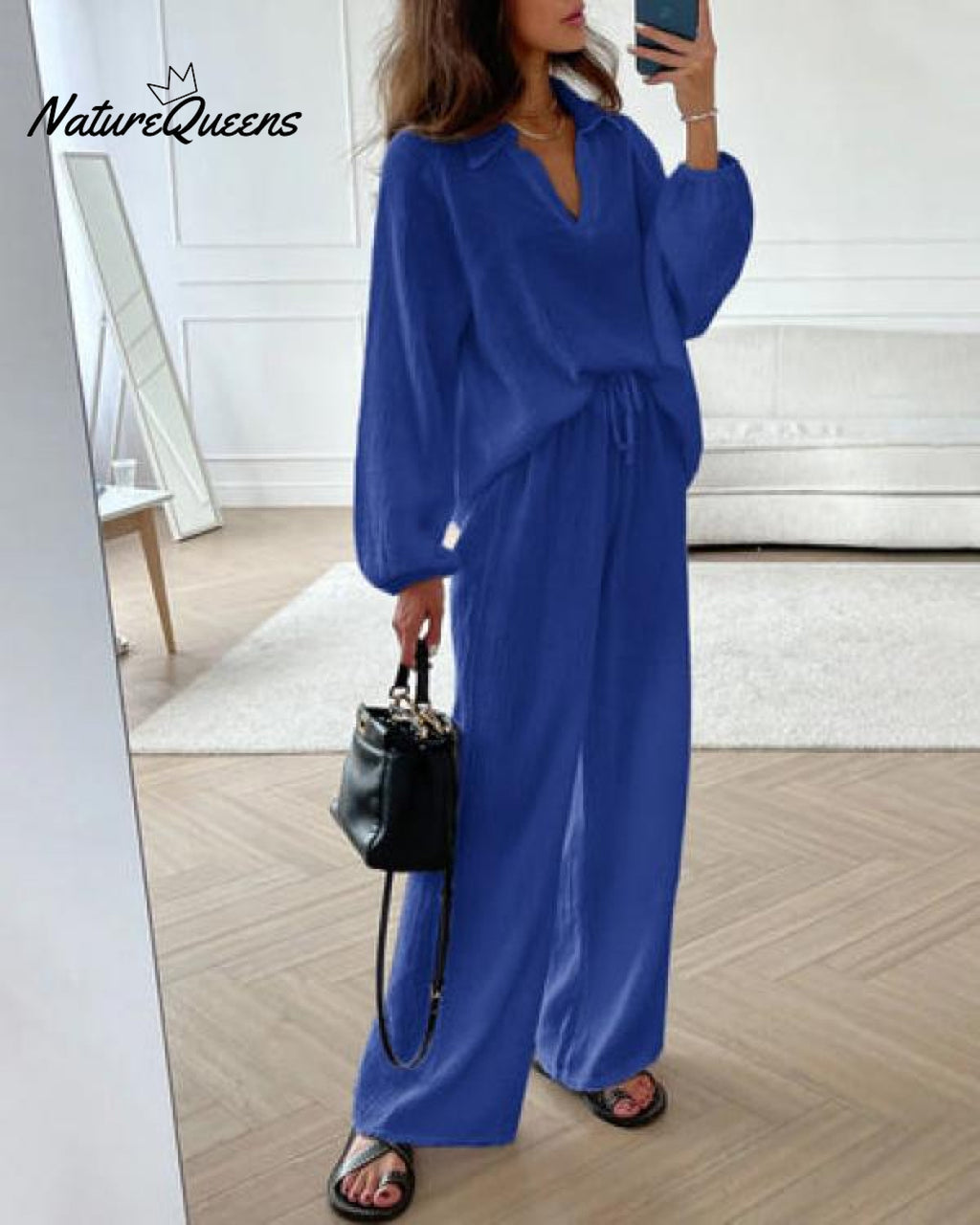 Casual Two-Pieces Outfits Solid Color Casual Top Loose Bootcut Trousers Pants Sets