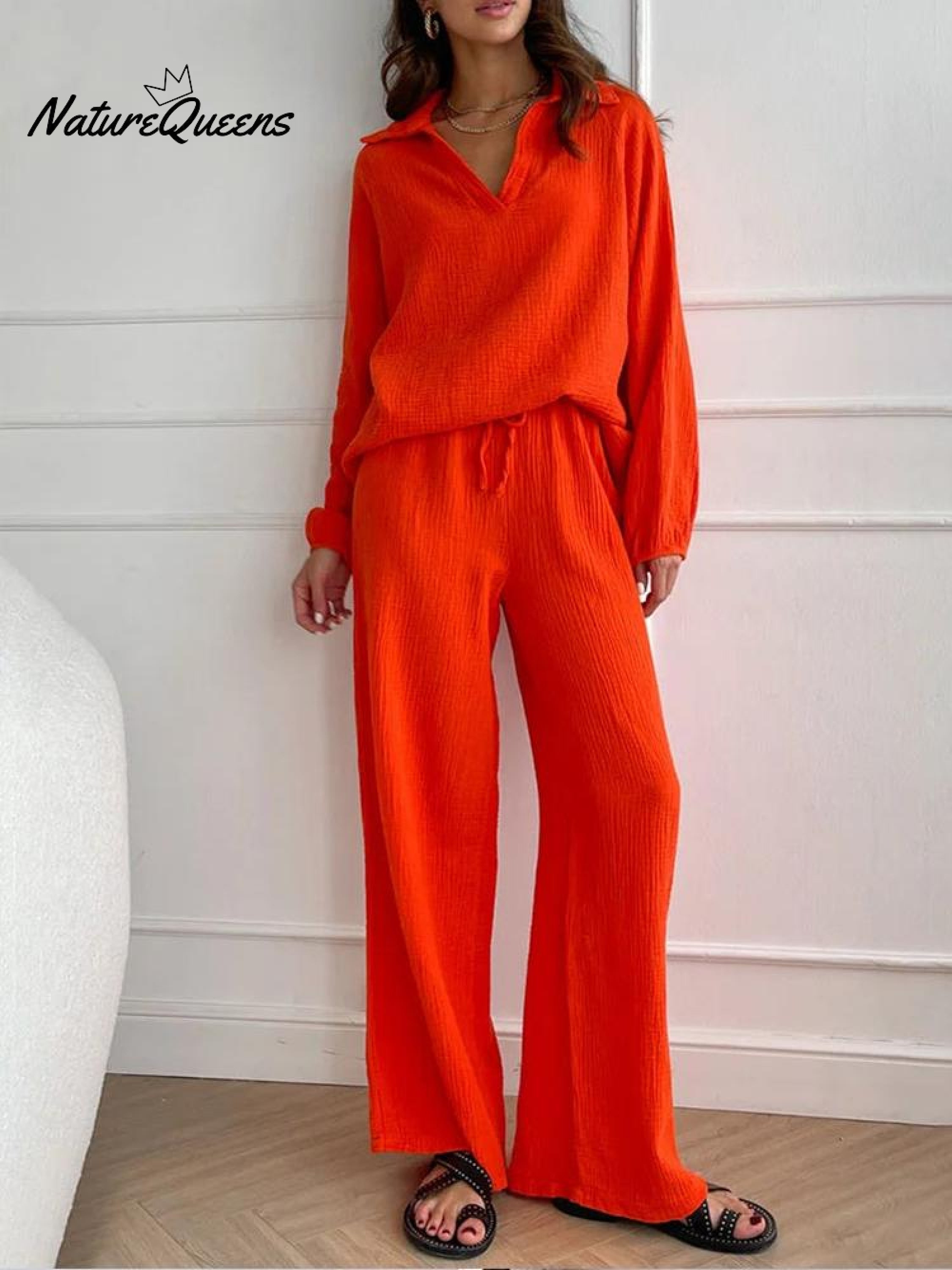 Casual Two-Pieces Outfits Solid Color Casual Top Loose Bootcut Trousers Pants Sets