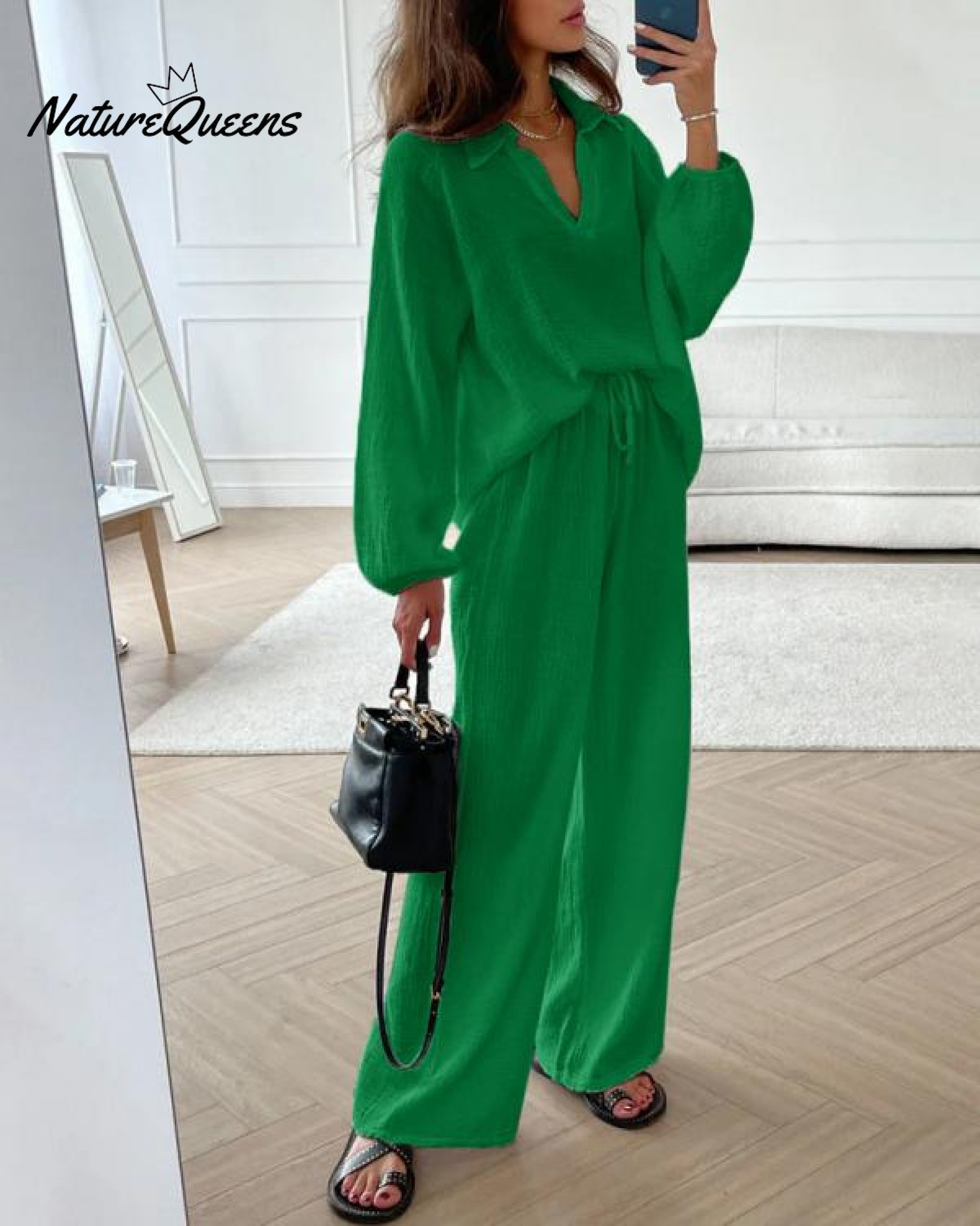 Casual Two-Pieces Outfits Solid Color Casual Top Loose Bootcut Trousers Pants Sets